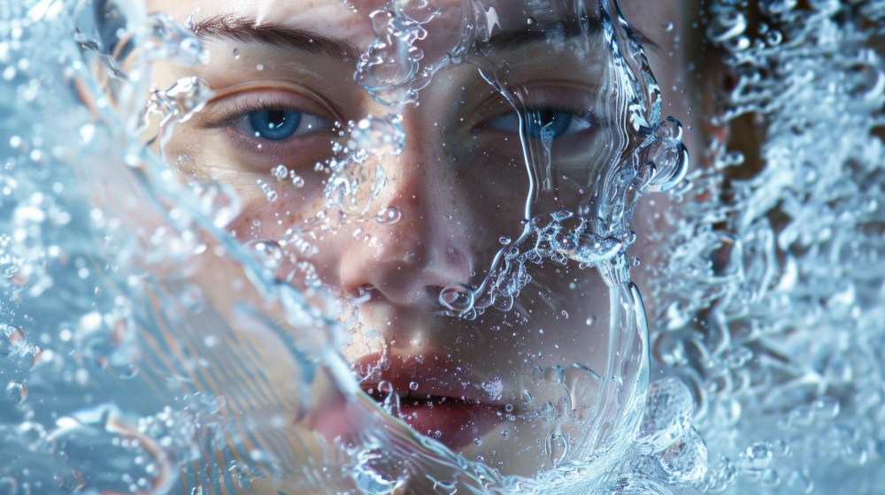 Gesicht einer Frau umhüllt von Wasser - Symbol für Hydrotherapie